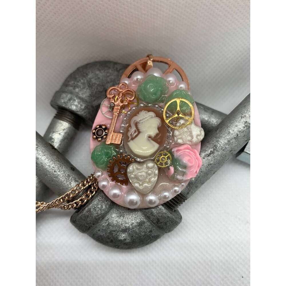 Oval Lady Cameo Steampunk Rose Pendant